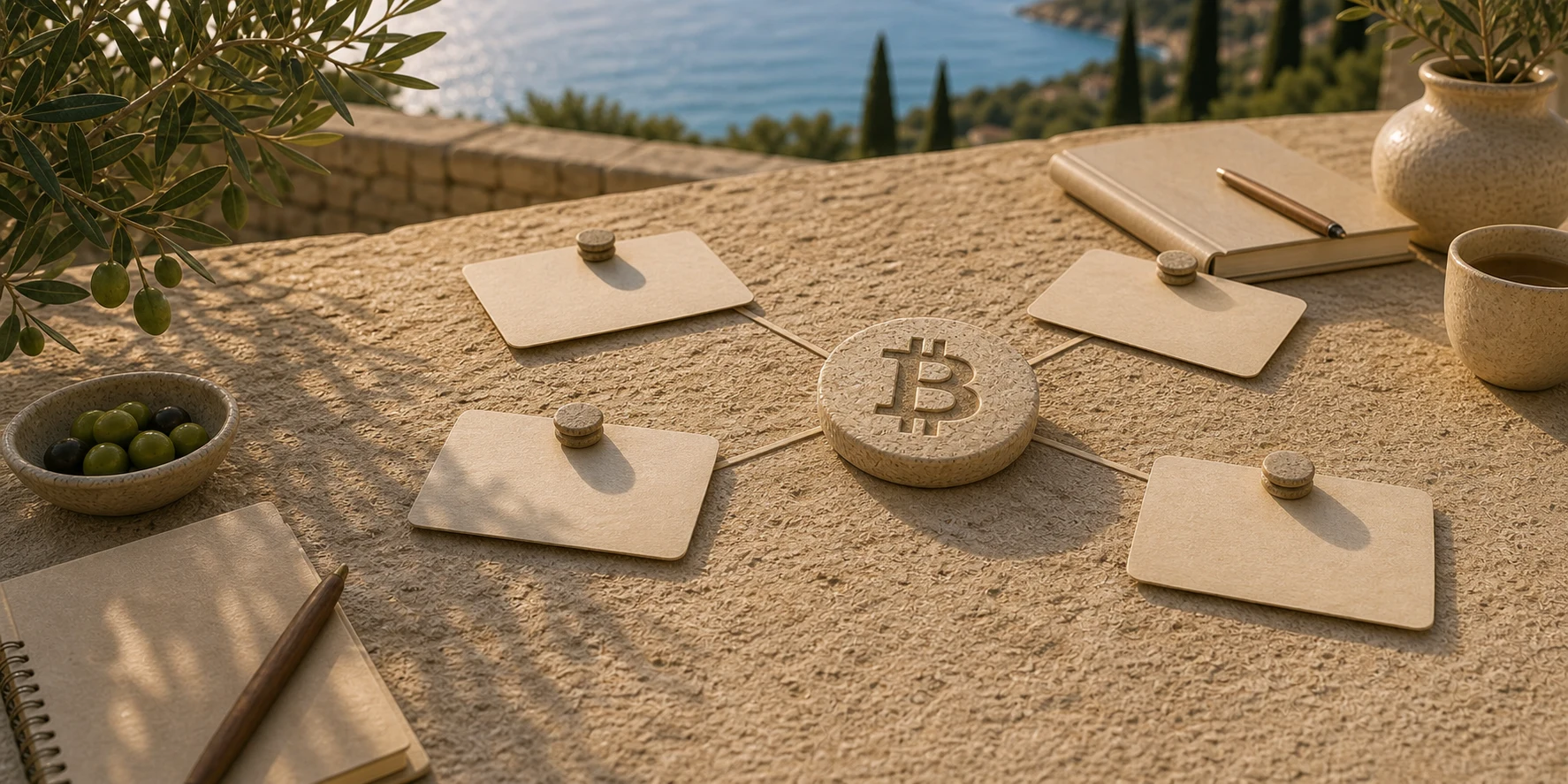 Mediteranska kamena scena s Bitcoin simbolom i financijskim odlukama oko njega