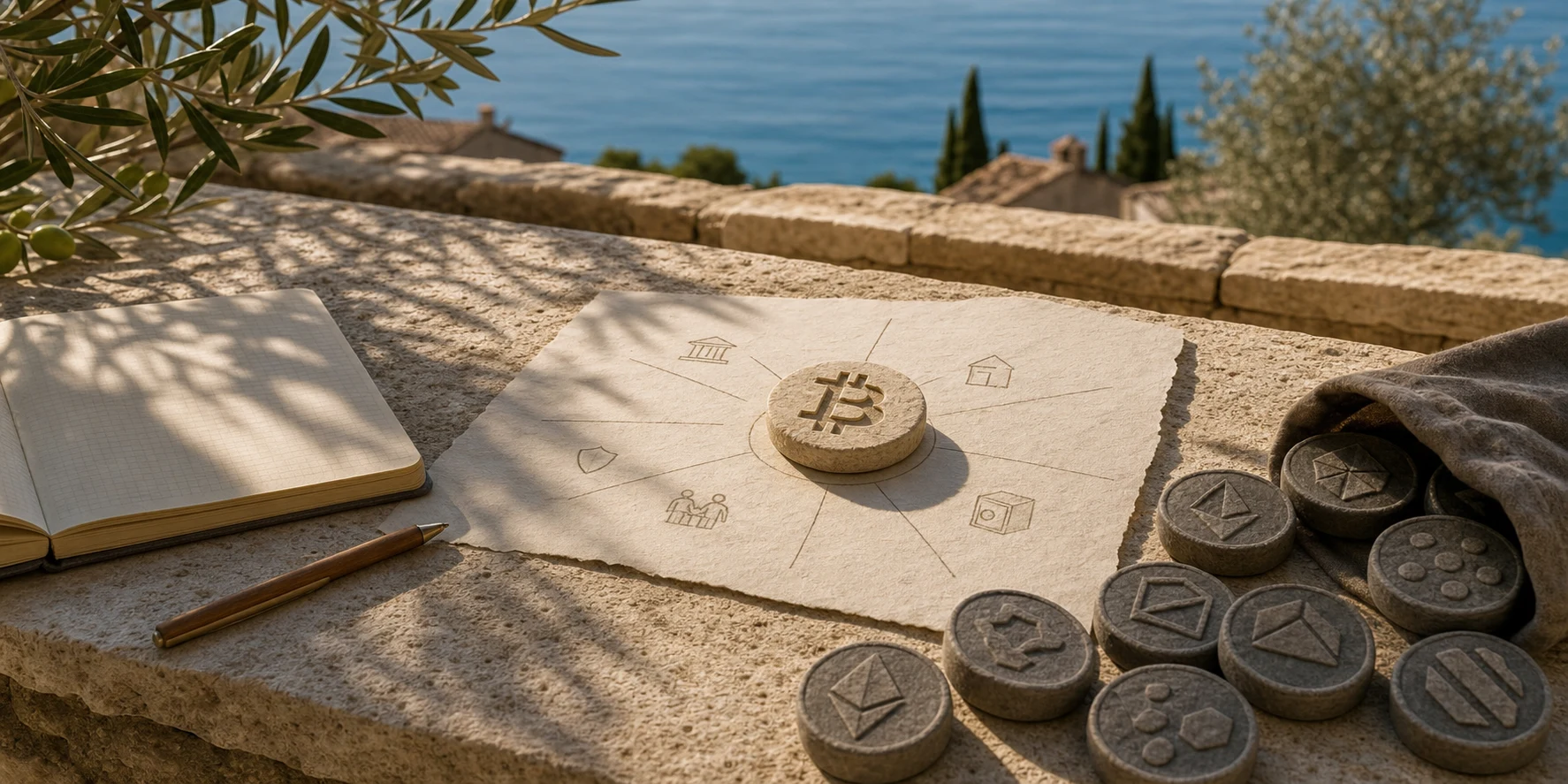 Mediteranska kamena scena s Bitcoin simbolom odvojenim od spekulativnih tokena