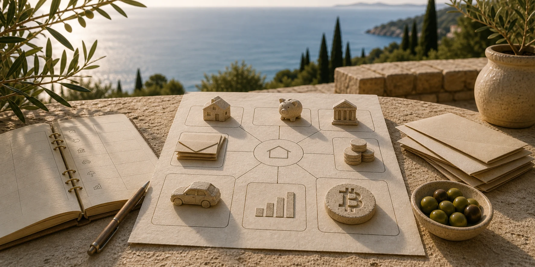 Mediteranska kamena scena s mapom neto imovine i kamenim Bitcoin simbolom