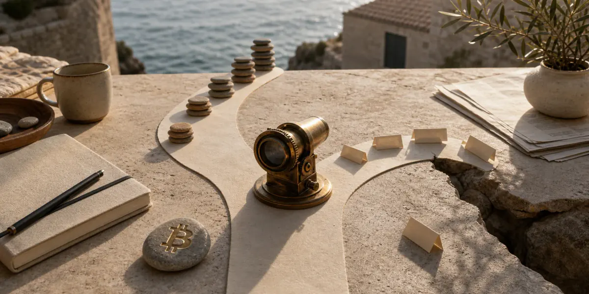 Mediteranski stol s Bitcoin kamenom, mehaničkom lećom i dvama razdvojenim kamenim putevima