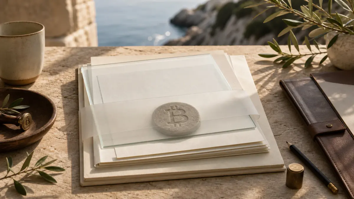 Bitcoin kameni simbol djelomično prekriven prozirnim financijskim omotom na mediteranskom stolu