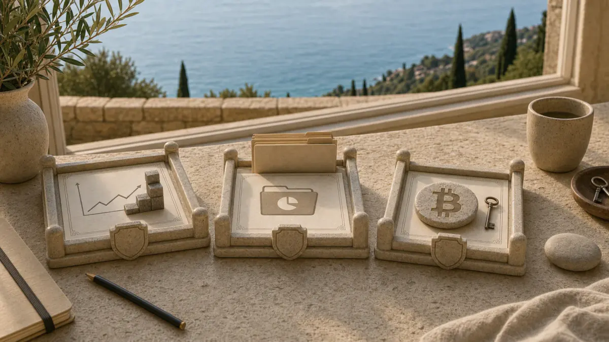 Mediteranska konzultacijska scena s tri odvojene kamene kartice za tržišnu izloženost, fond i Bitcoin s ključem