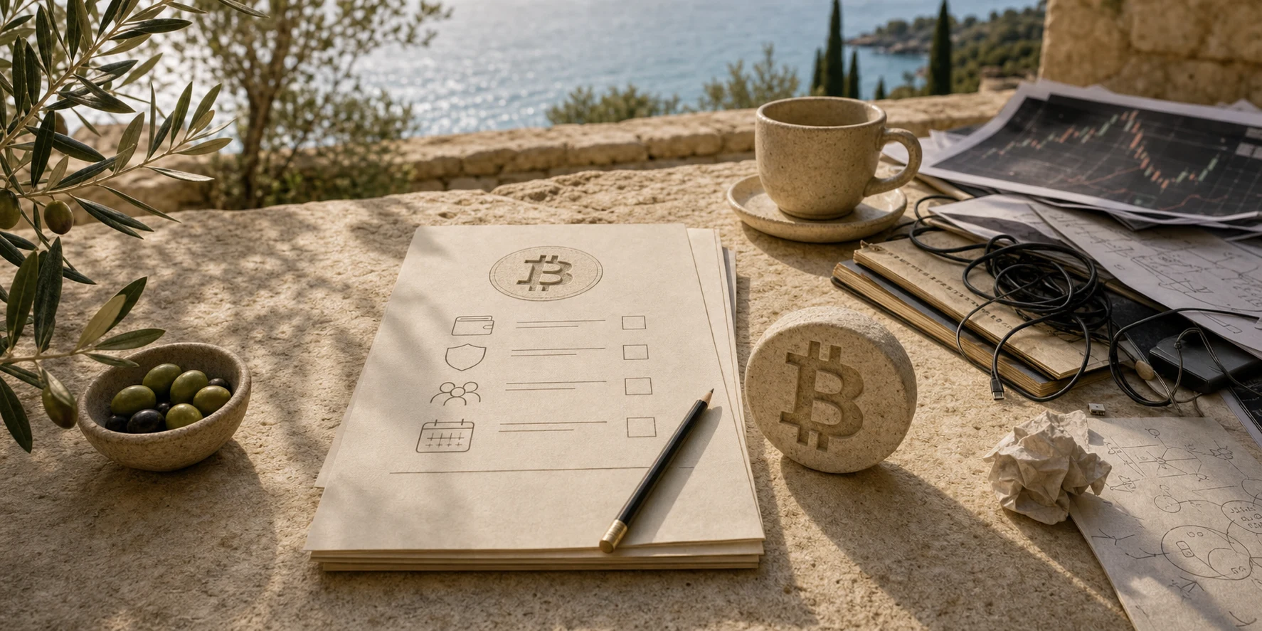Mediteranska radna scena s jasnim Bitcoin planom i tehničkim distrakcijama odmaknutima u stranu