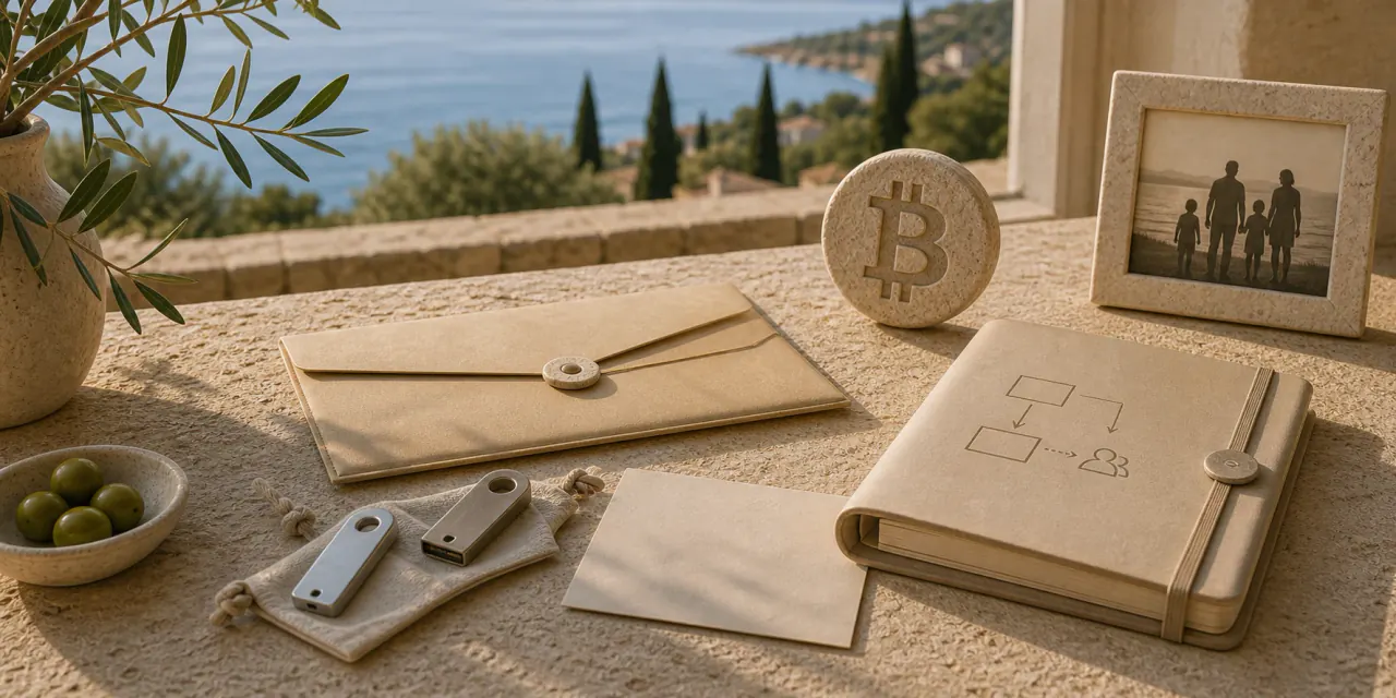 Mediteranska kućna scena s odvojenim ključevima, zapečaćenom omotnicom i Bitcoin simbolom