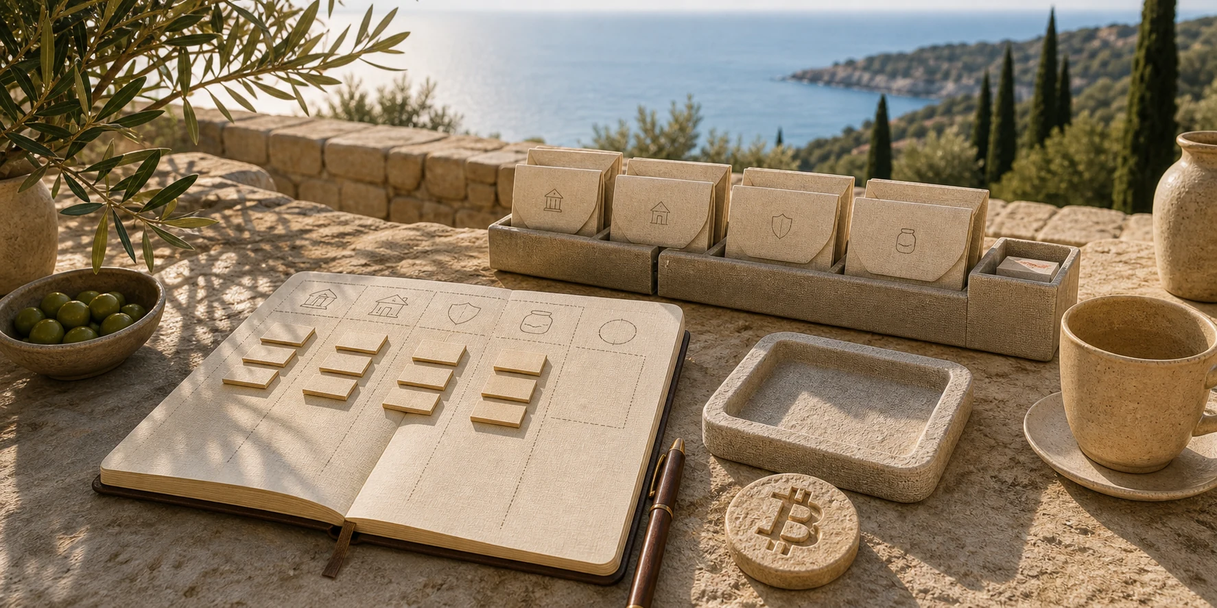 Mediteranska kamena scena s proračunskom bilježnicom, odvojenim novcem i Bitcoin simbolom za vodič Što je stvarni višak?